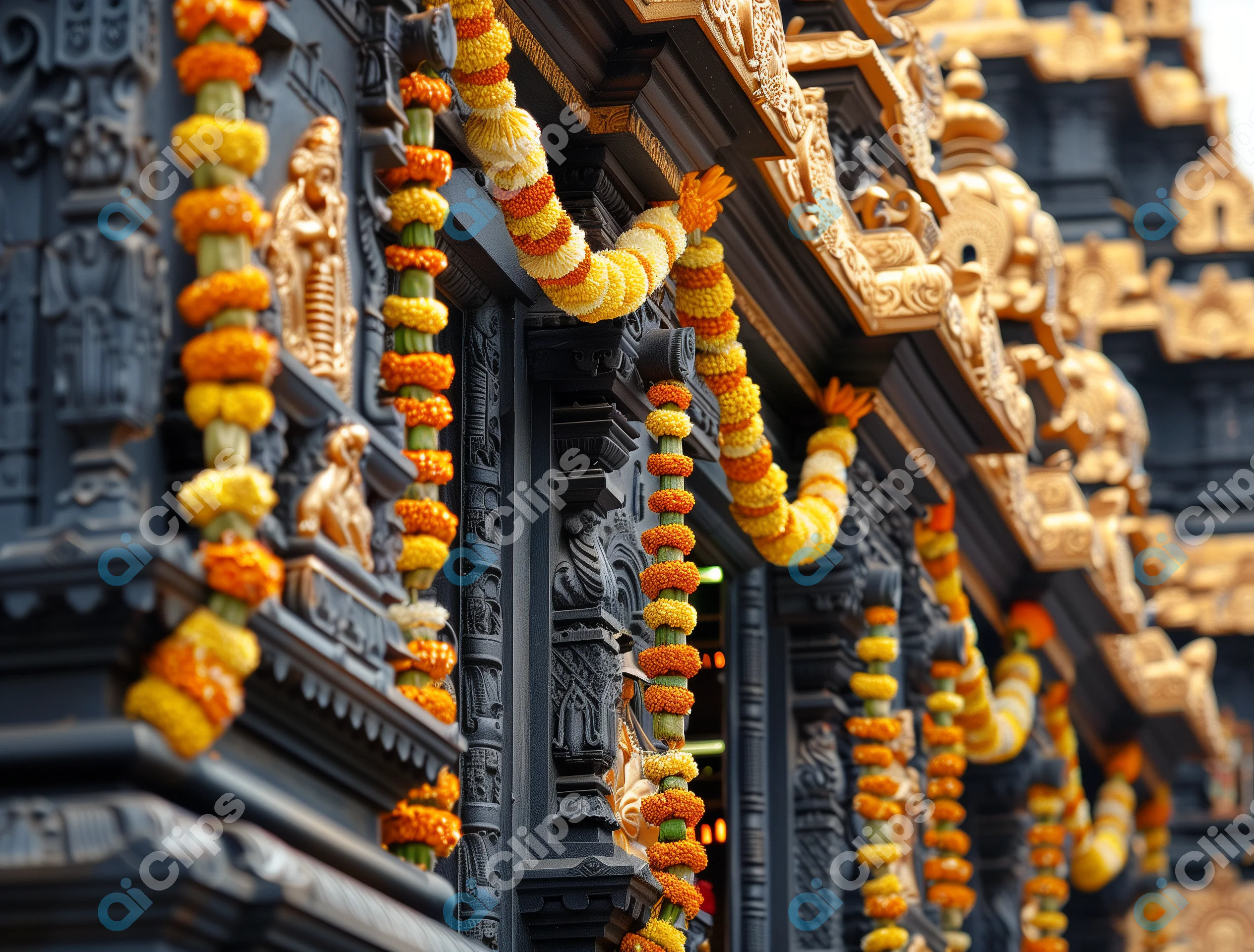 Traditional South Indian Temple Decorated for Festival
