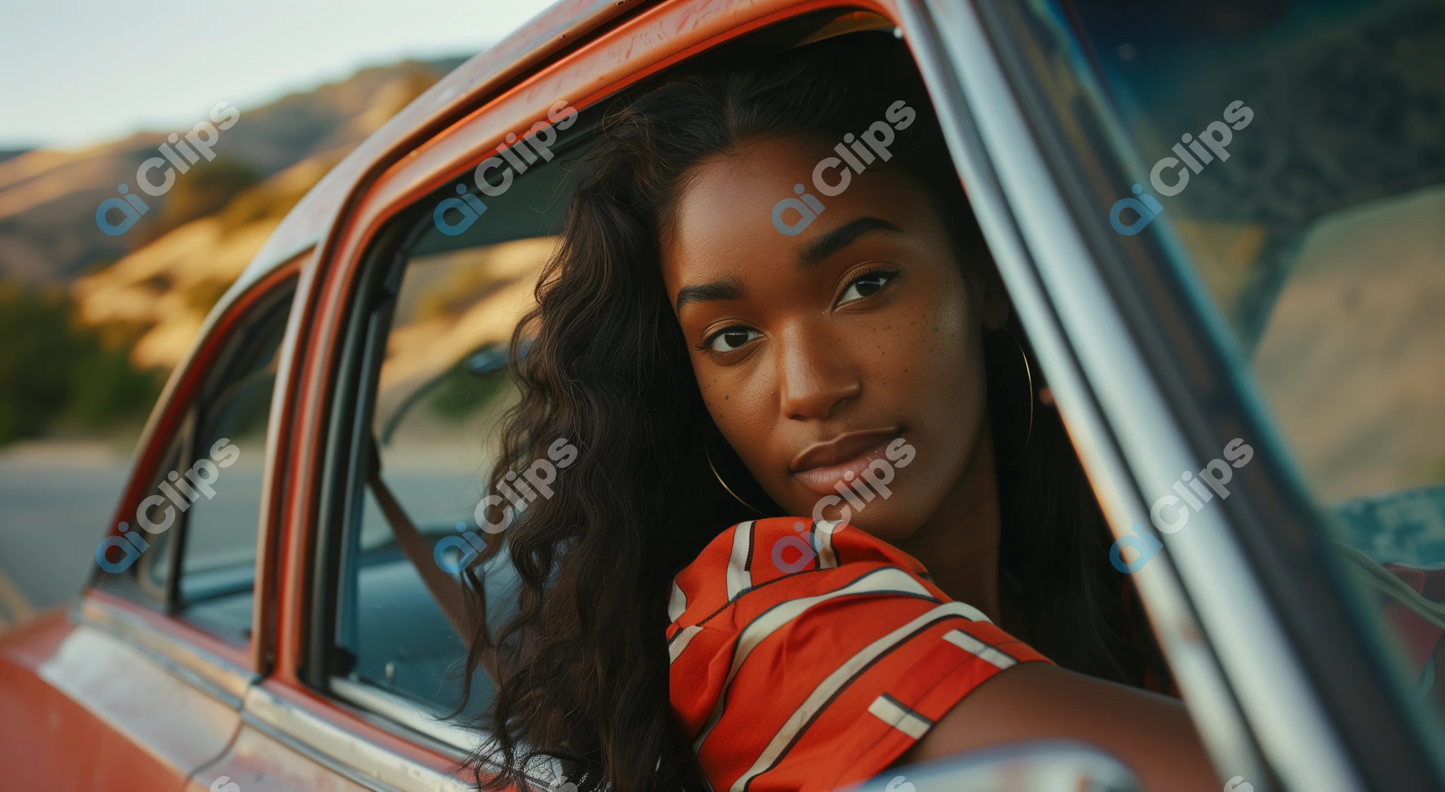 Woman in Vintage Car Road Trip