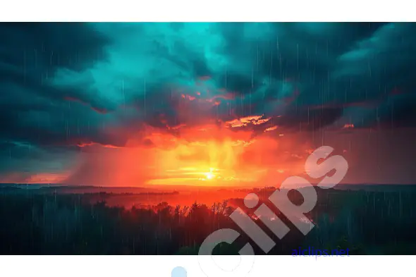 Rainy Sunset Over Forest