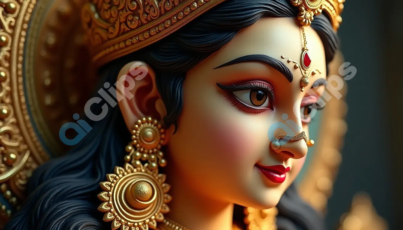 Divine Profile of Goddess Durga with Ornate Crown and Jewelry