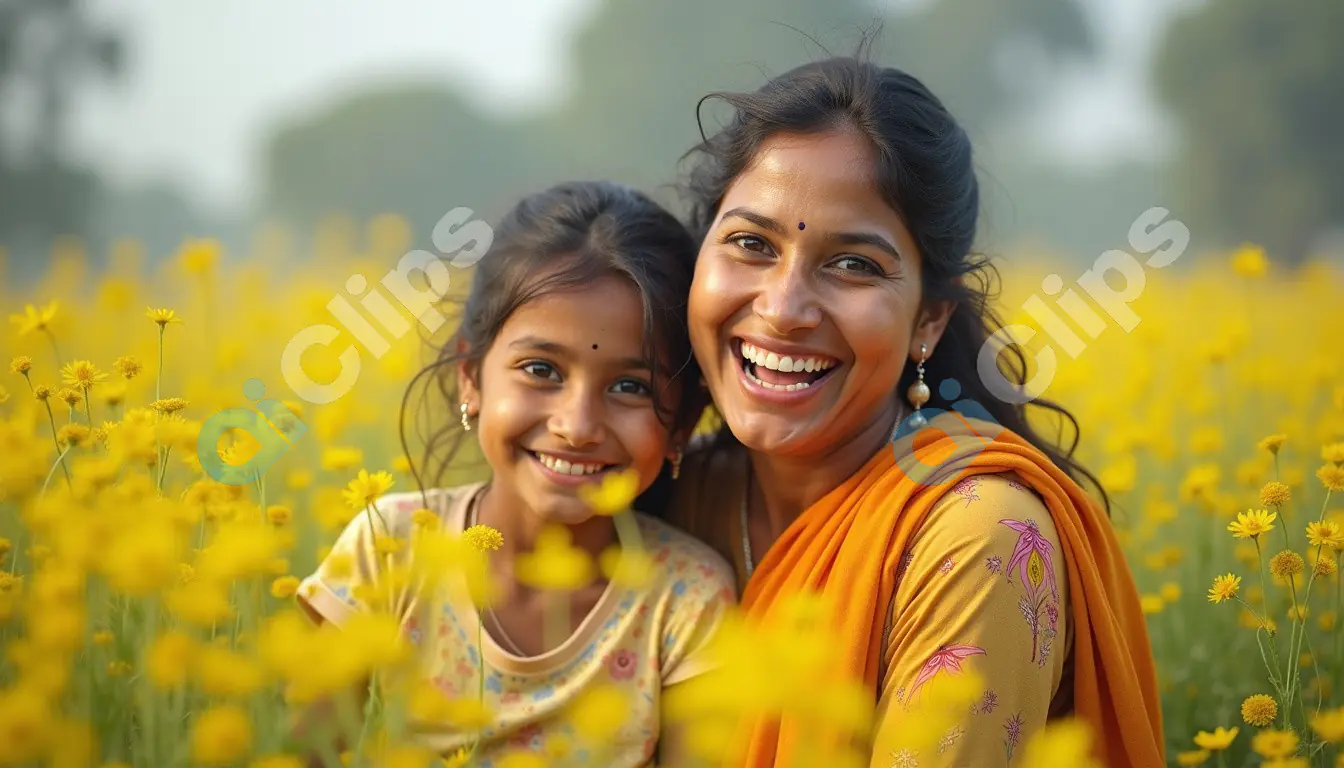 Joyful Mother and Daughter in Blooming Field