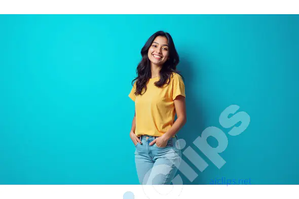 Smiling Young Woman in Casual Outfit Against Blue Background
