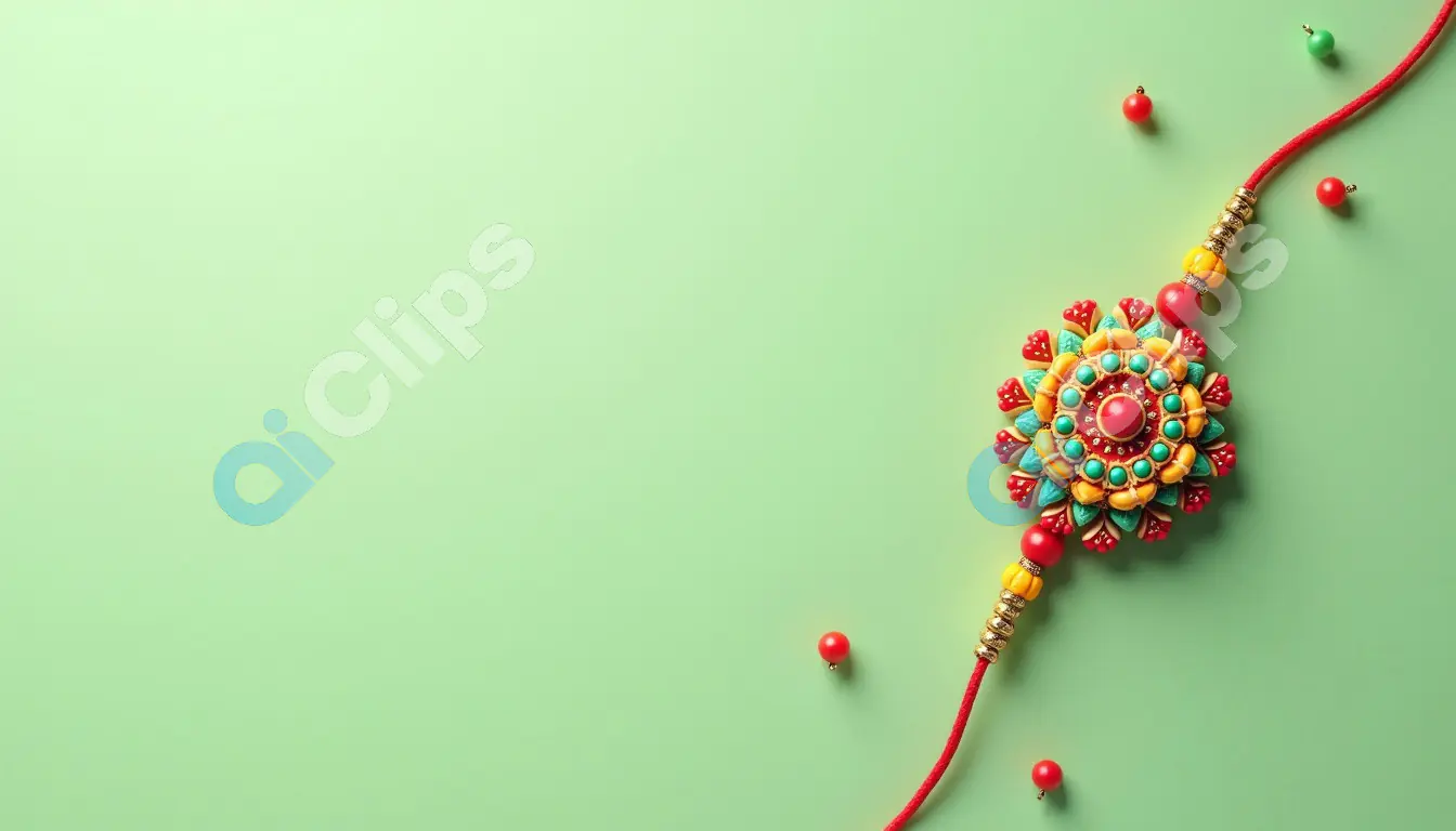 Decorative Rakhi on Green Background with Red Beads
