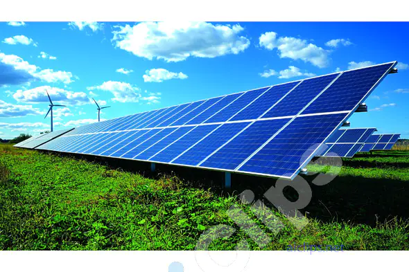 Solar Panels and Wind Turbines in Green Field