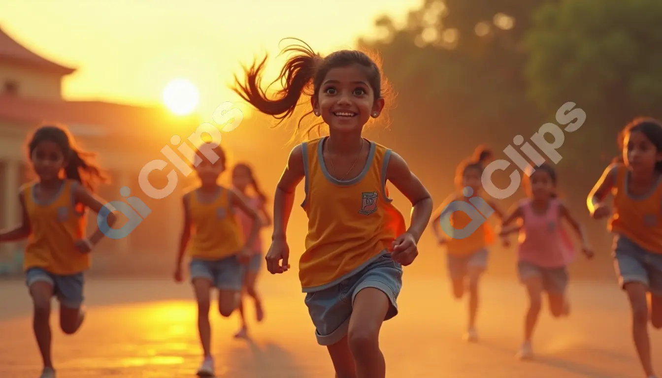 Joyful Girls Running in the Sunset During a School Sports Day