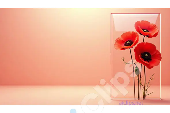 Red Poppies in a Glass Frame on Peach Background