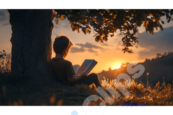 Boy Reading at Sunset