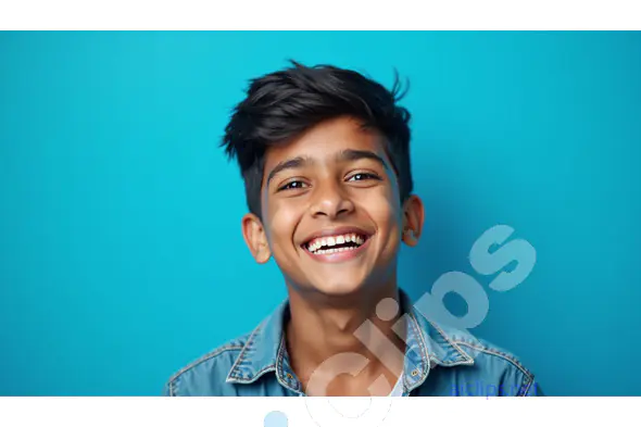 Smiling Indian Boy with Denim Jacket on Turquoise Background