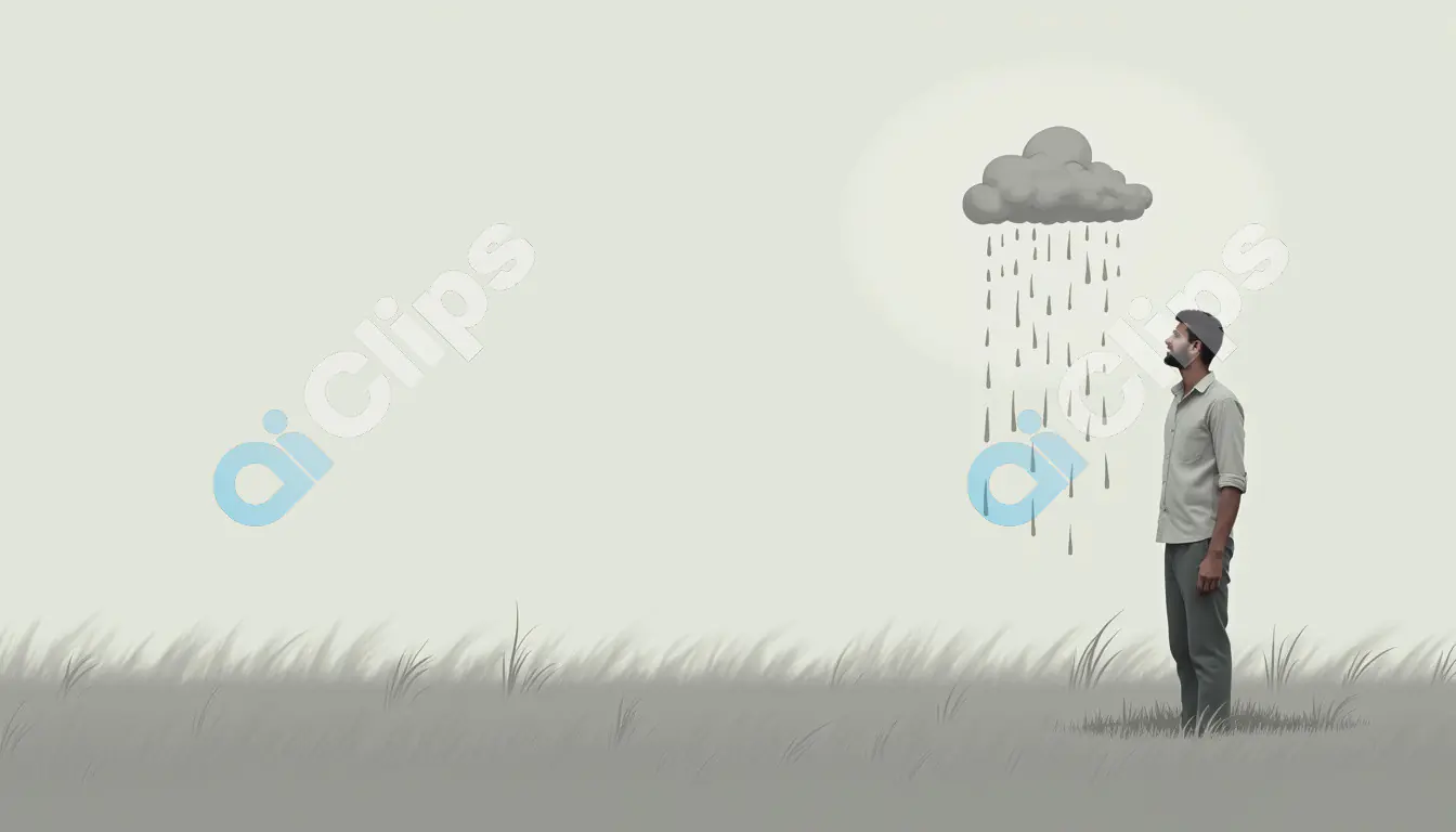 Man Standing Under a Rain Cloud in Minimalist Landscape