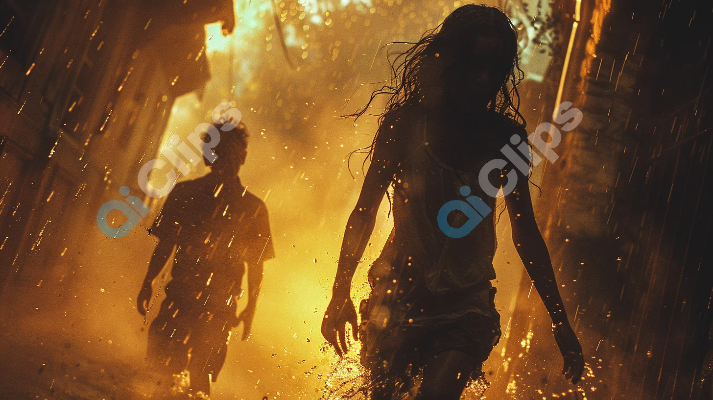 Silhouetted Figures in Rain