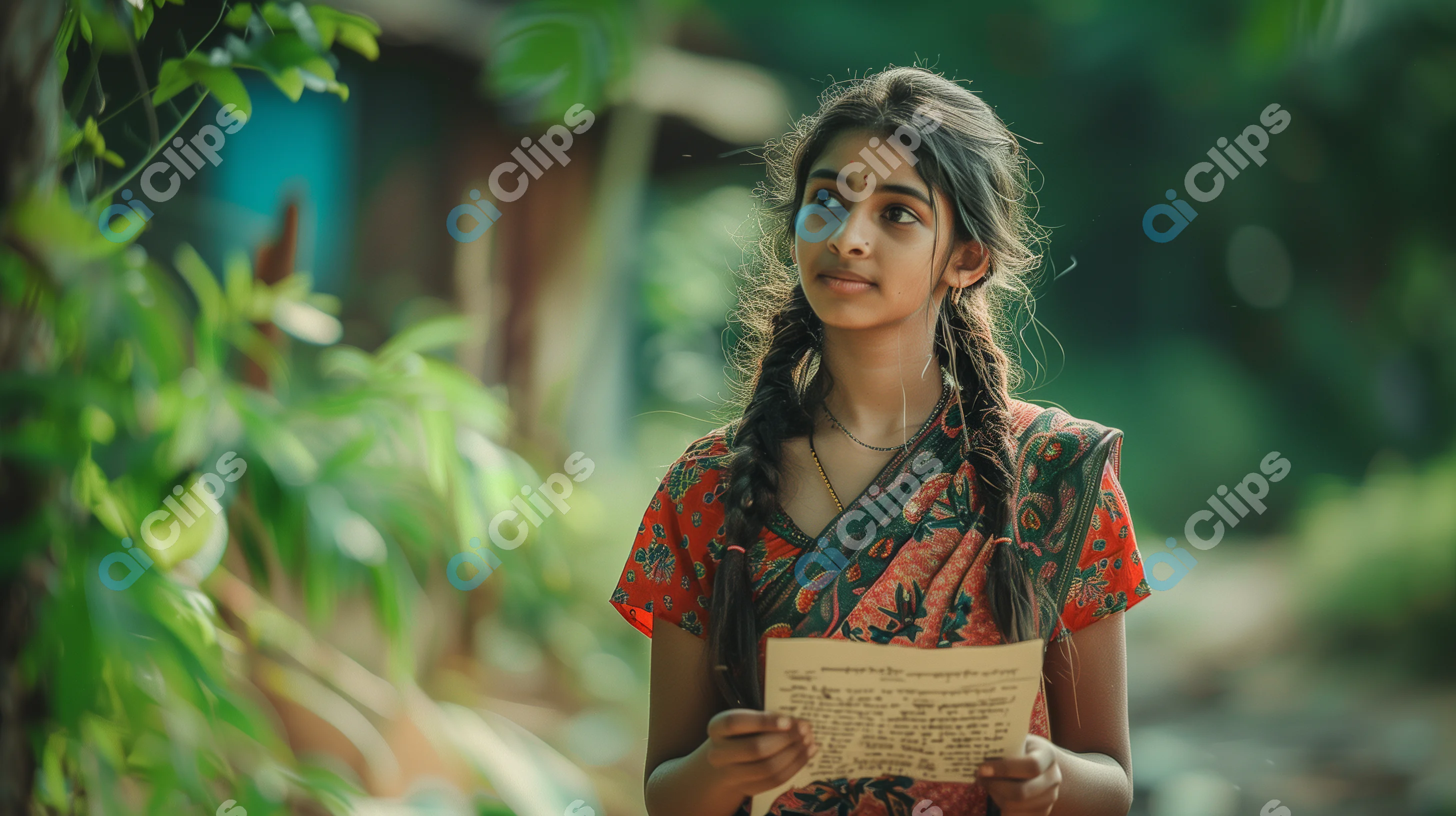 Young Indian Woman Holding a Letter in Serene Village Setting