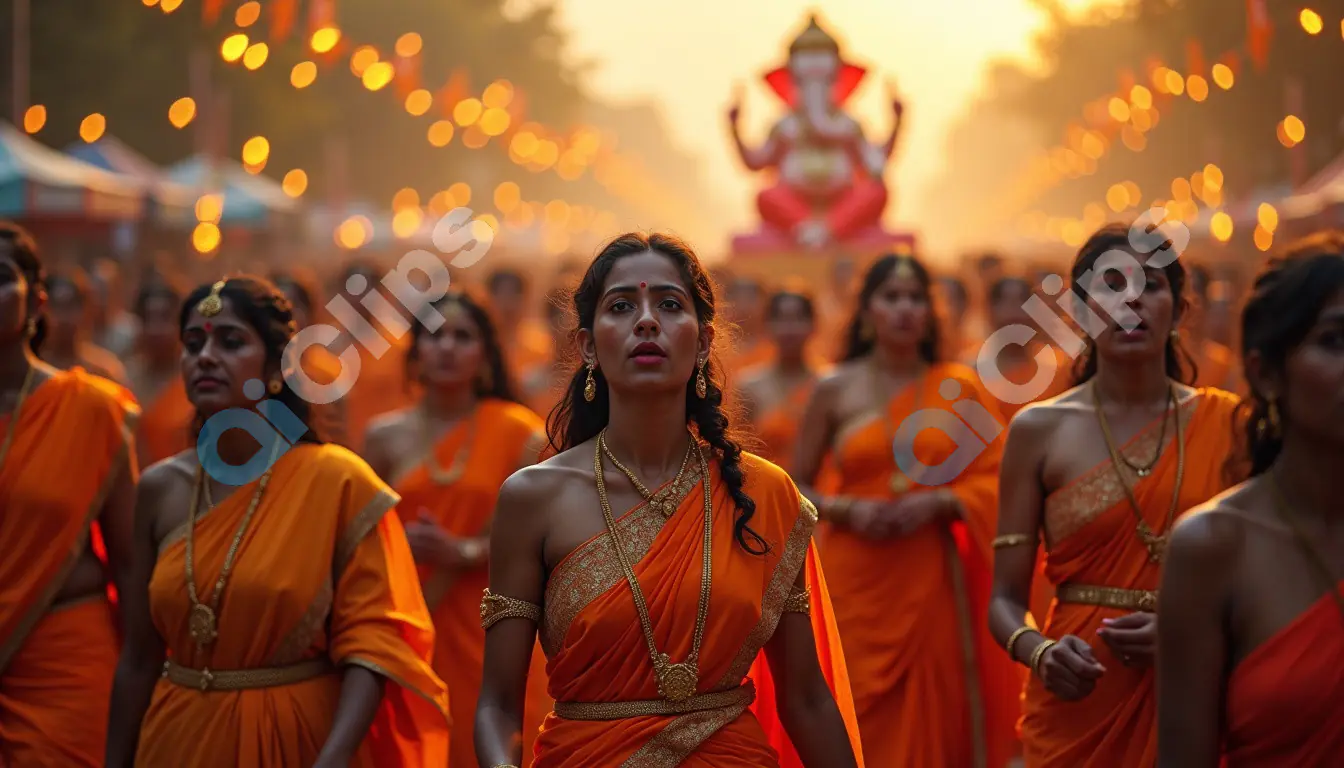 "Ganesh Chaturthi Procession with Women in Traditional Orange Sarees"