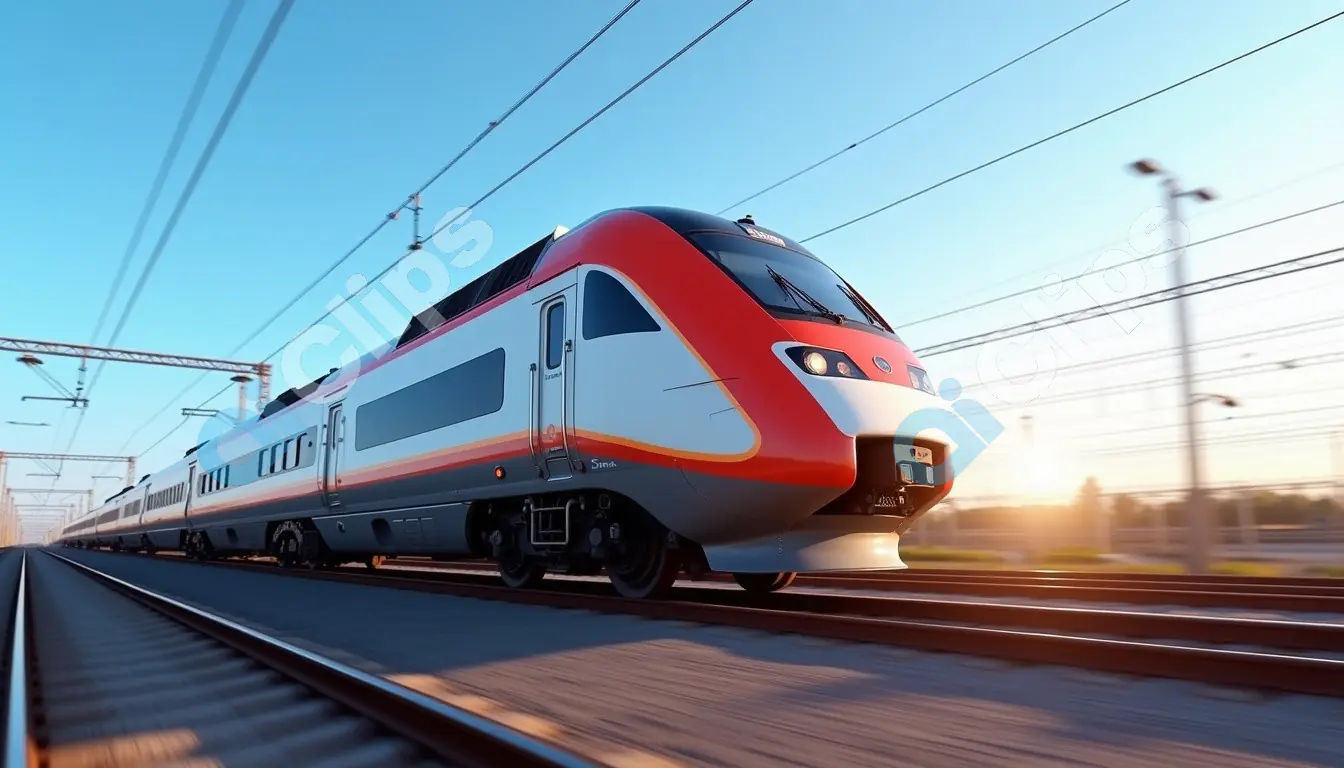 High-Speed Train at Sunrise on Railway Tracks