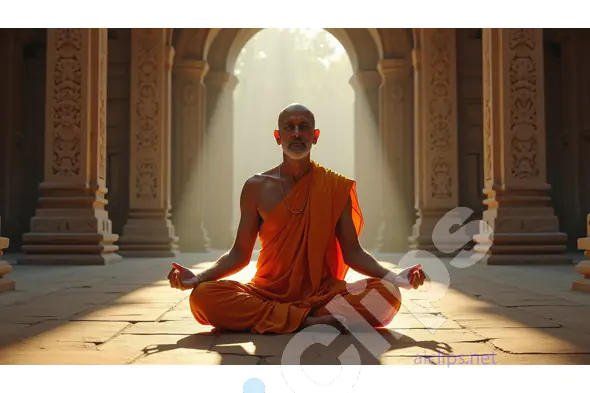 Monk Meditating in a Sunlit Ancient Temple