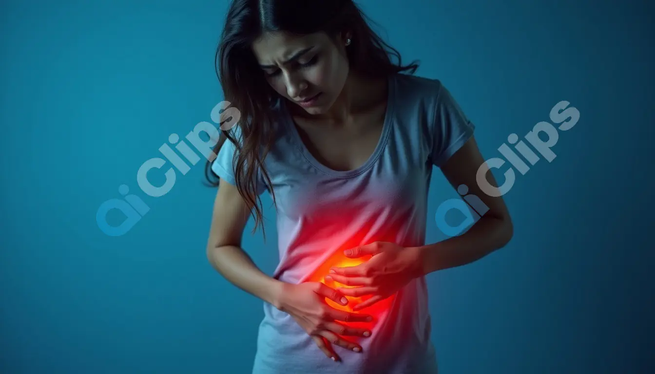 Woman Experiencing Stomach Pain with Highlighted Area