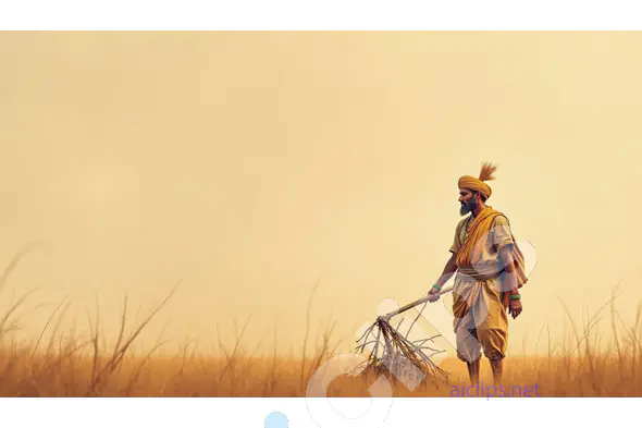 Indian Farmer Gathering Wheat Stalks in Field