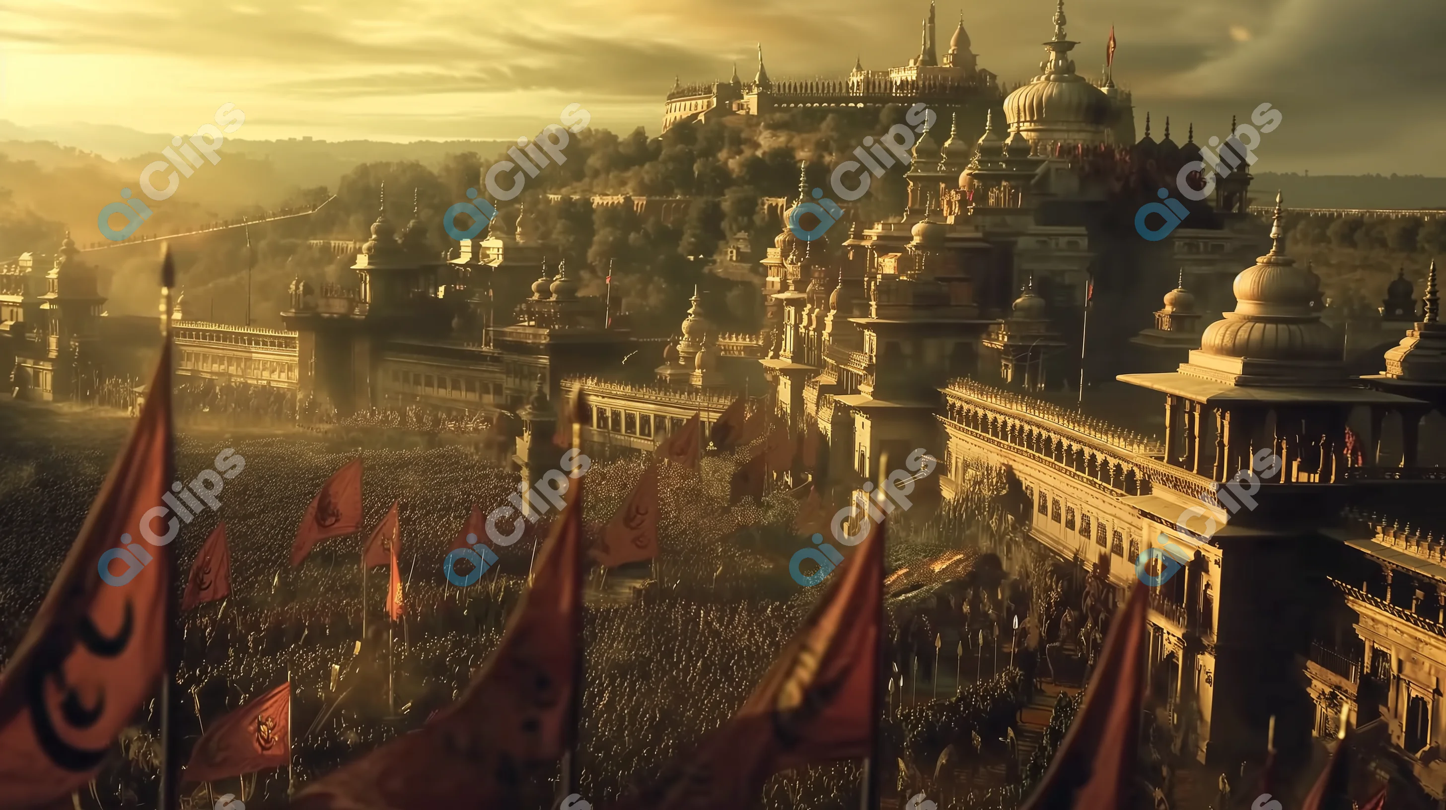 Grand Ancient Indian City at Sunrise with Crowds and Flags