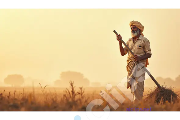 Indian Farmer in Golden Wheat Field at Sunset