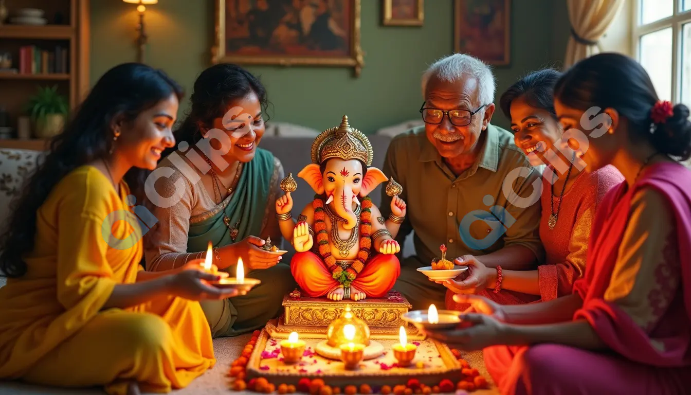 Family Celebrating Ganesh Chaturthi with Devotion