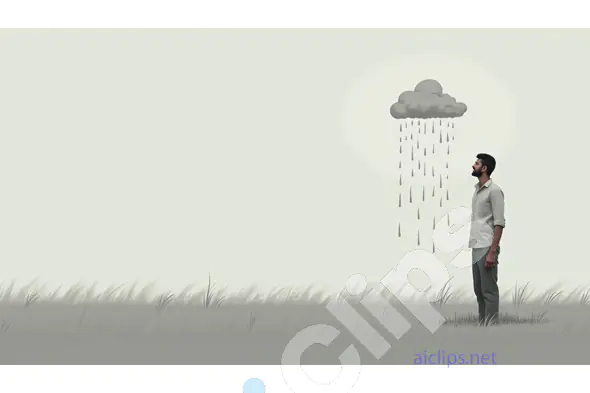 Man Standing Under a Rain Cloud in Minimalist Landscape