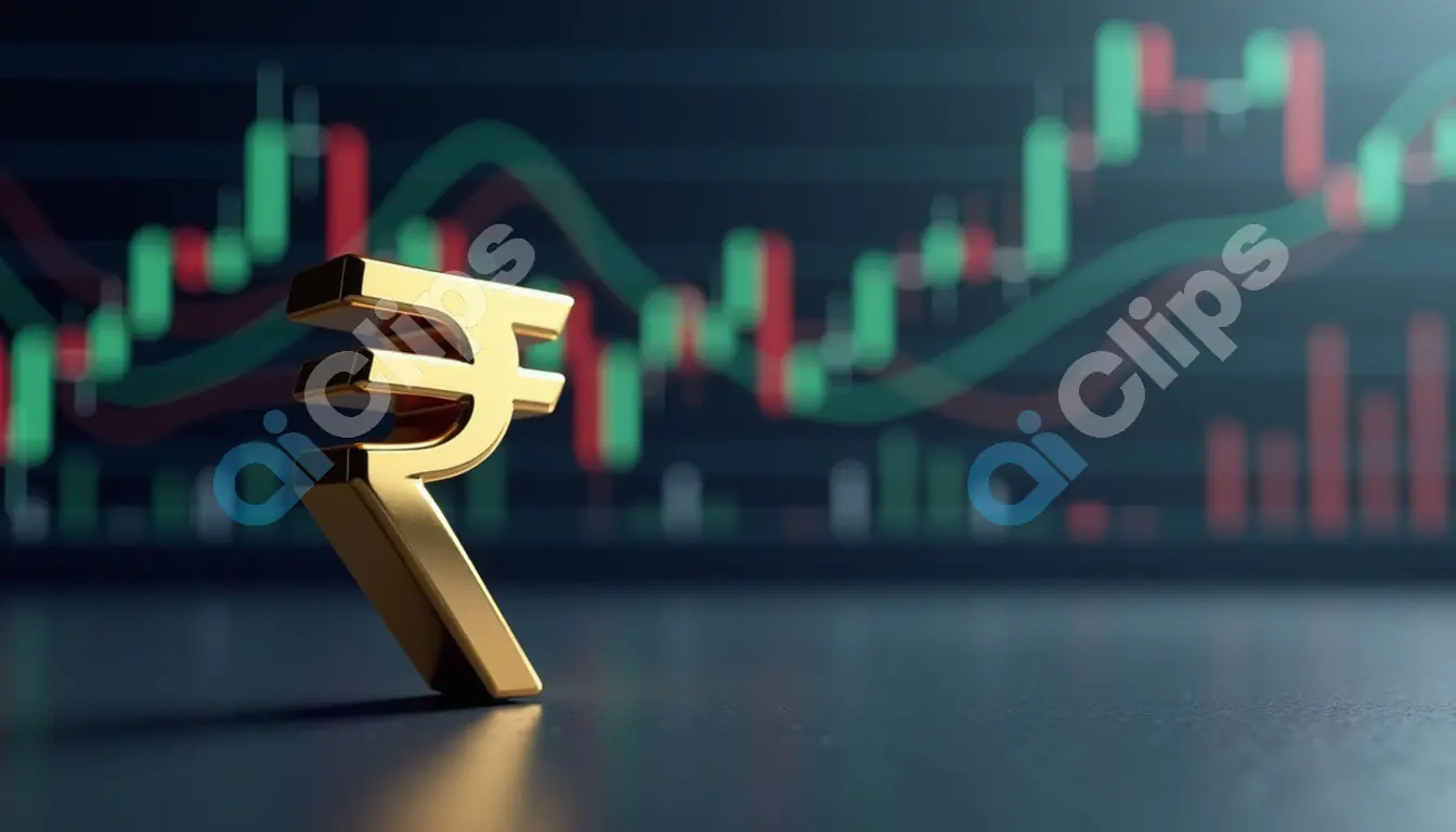 Golden Indian Rupee Symbol with Stock Market Graph Background