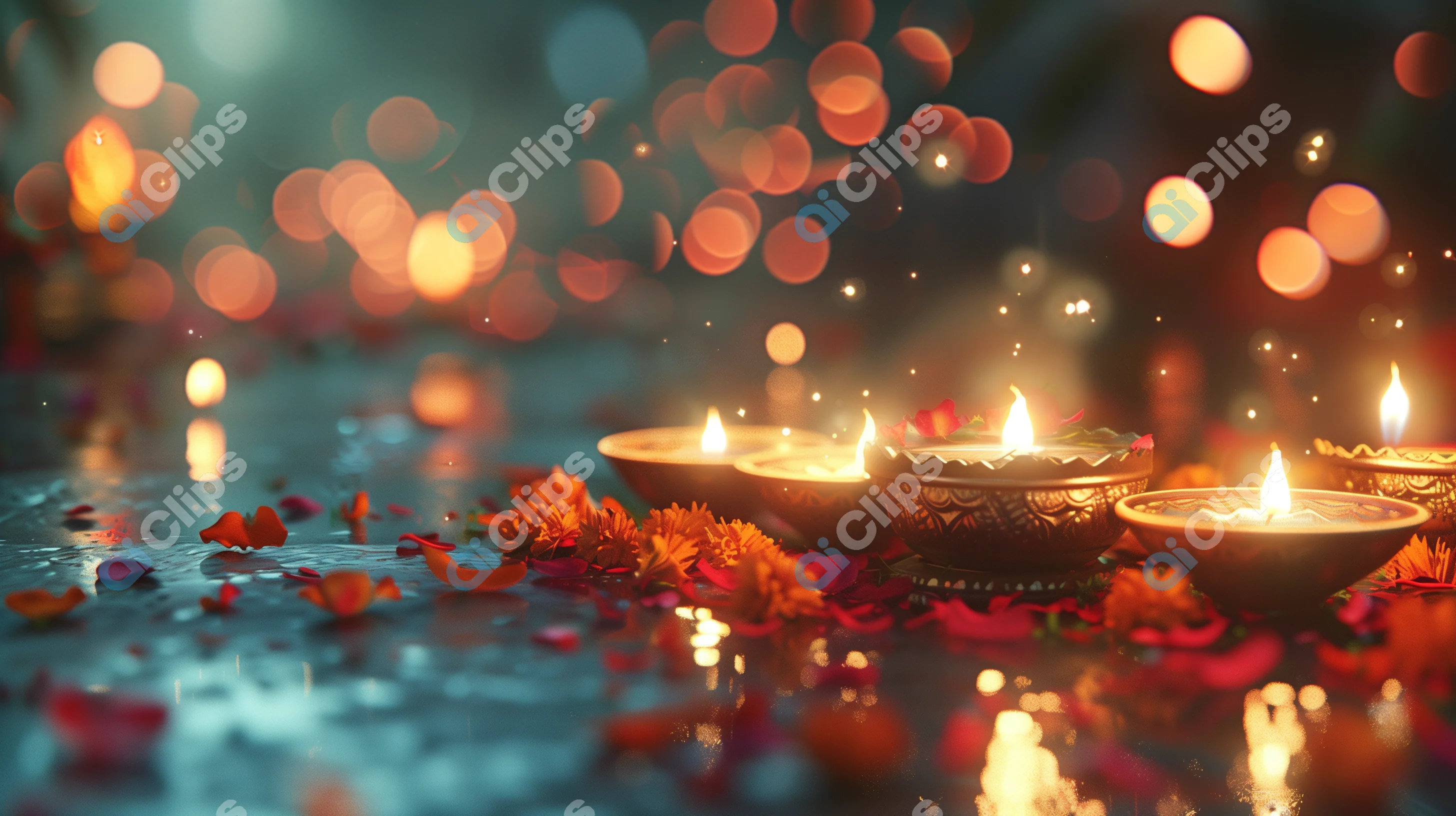 Diwali Diyas with Petals and Bokeh Lights