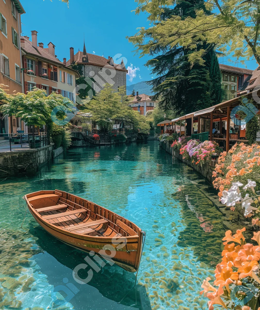 Scenic Canal with Boat and Flowers