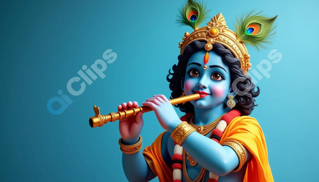 Playful Baby Krishna with Flute and Peacock Feathers