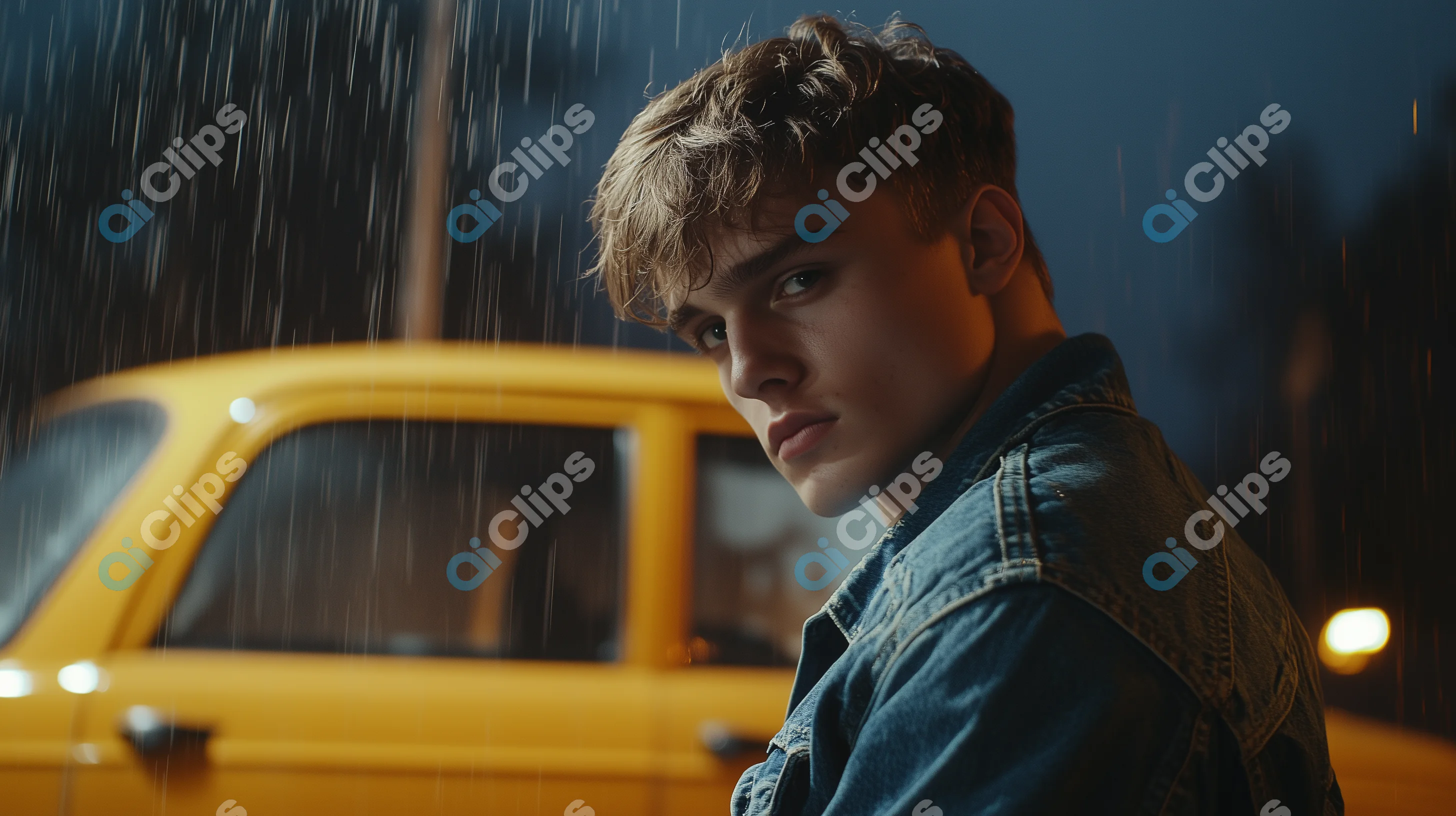 Moody Portrait of a Young Man in Denim Jacket During Rain