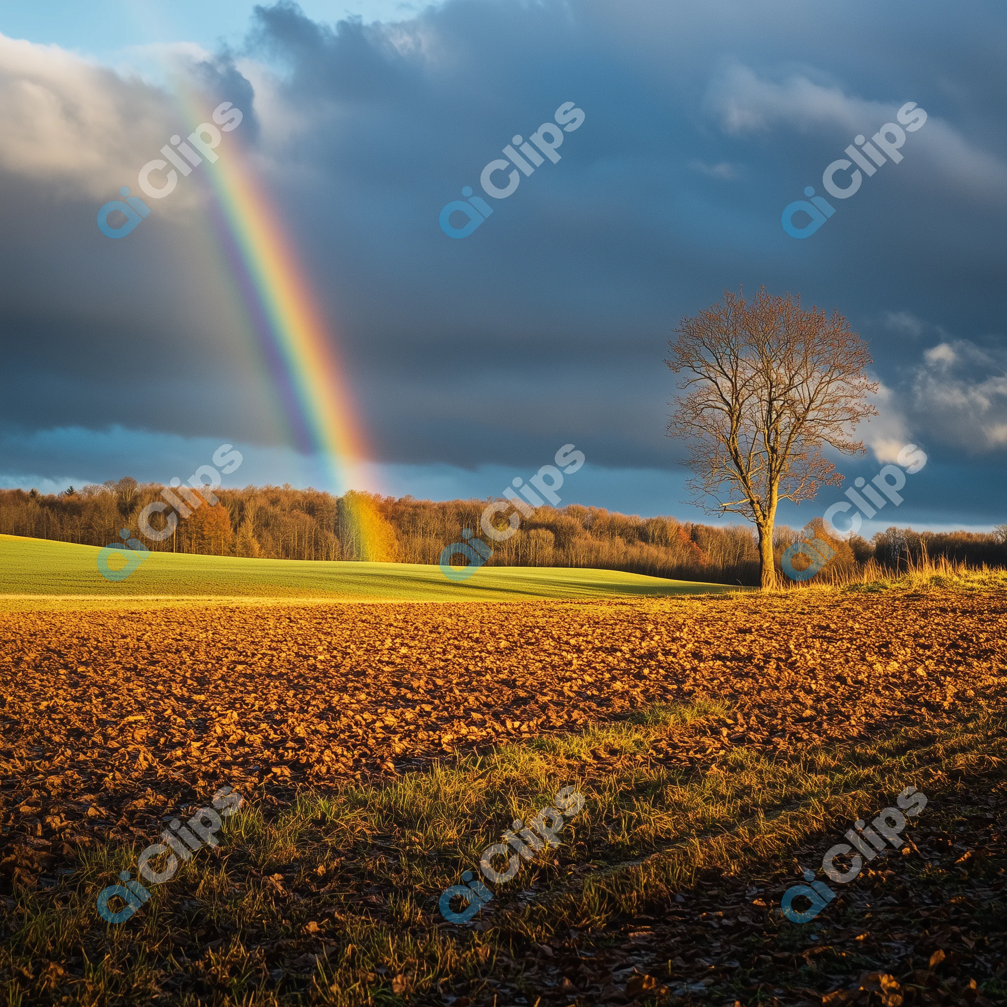 Serene Landscape with Rainbow and Lone Tree