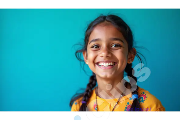 Smiling Indian Girl with Braids on Turquoise Background
