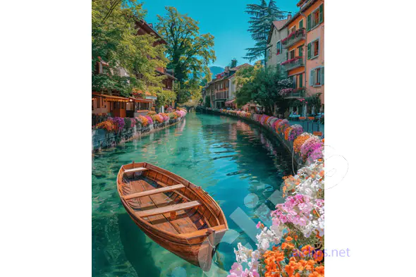 Idyllic Canal with Wooden Boat