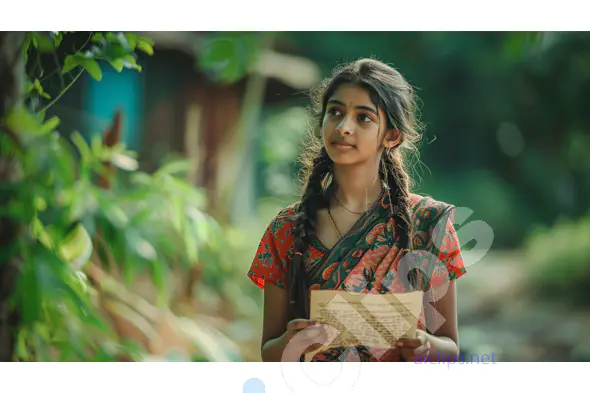 Young Indian Woman Holding a Letter in Serene Village Setting