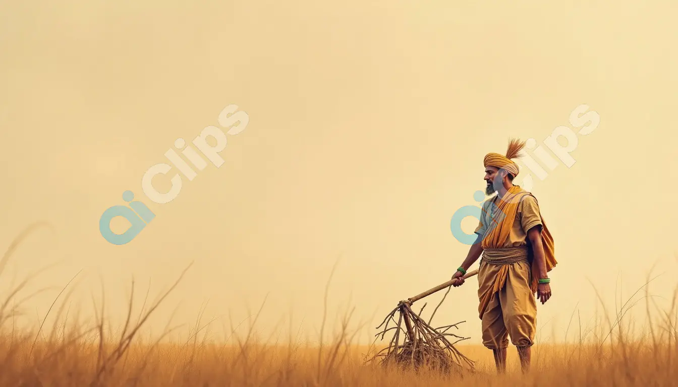 Indian Farmer Gathering Wheat Stalks in Field