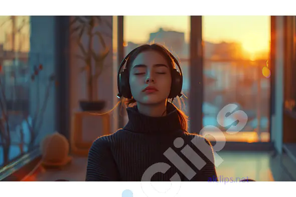 Woman Relaxing with Headphones at Sunset