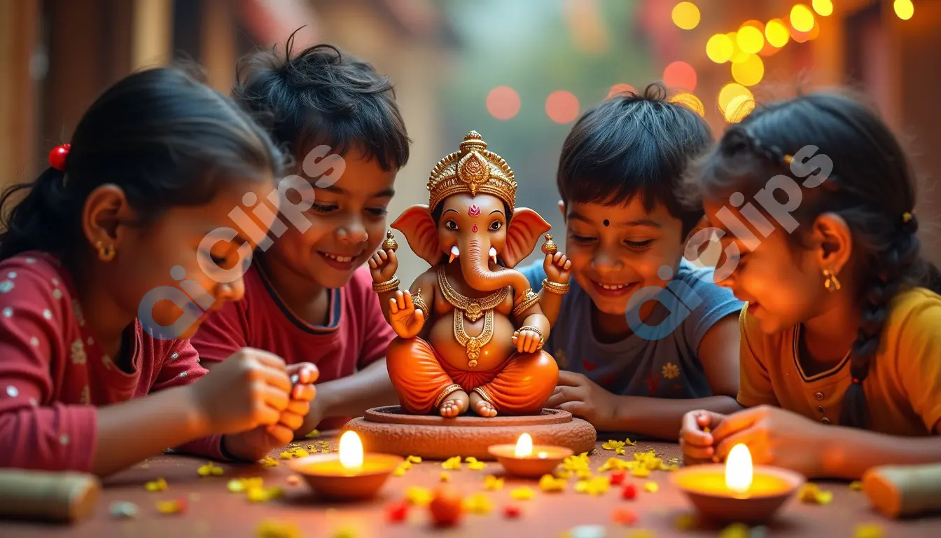 Children with Ganesha Idol Celebrating Ganesh Chaturthi with Diyas and Flowers