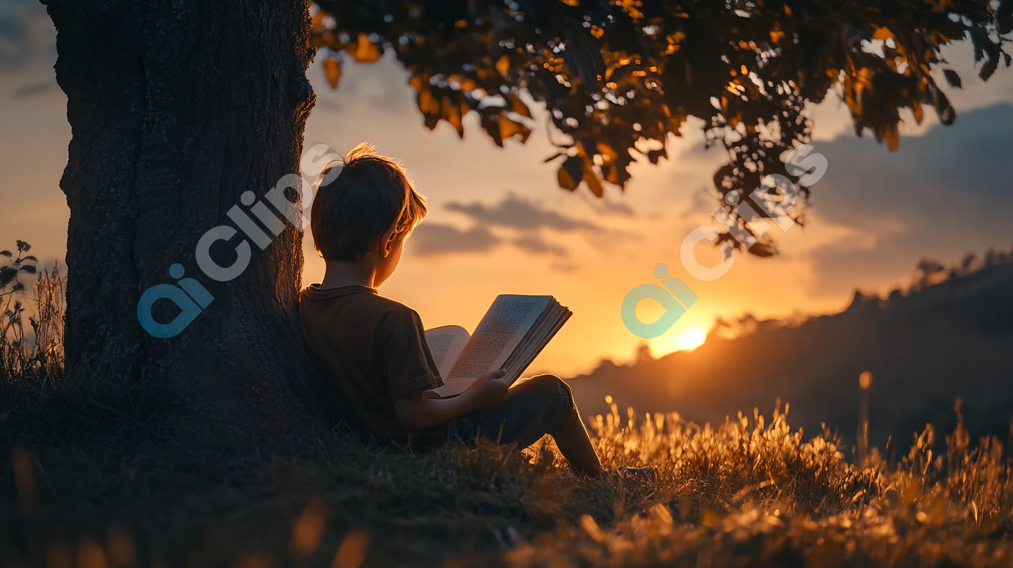Boy Reading at Sunset