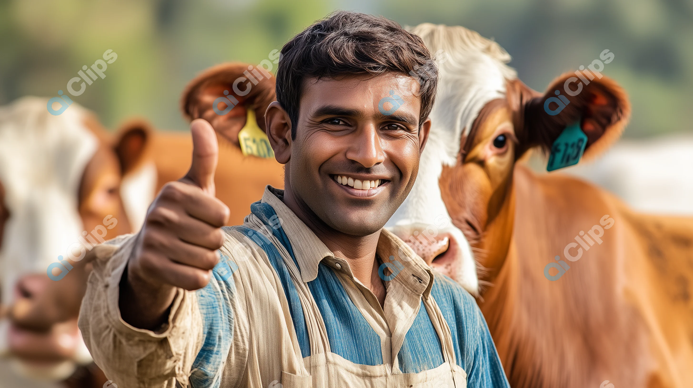 Smiling Indian Farmer Giving Thumbs Up with Cows in the Background