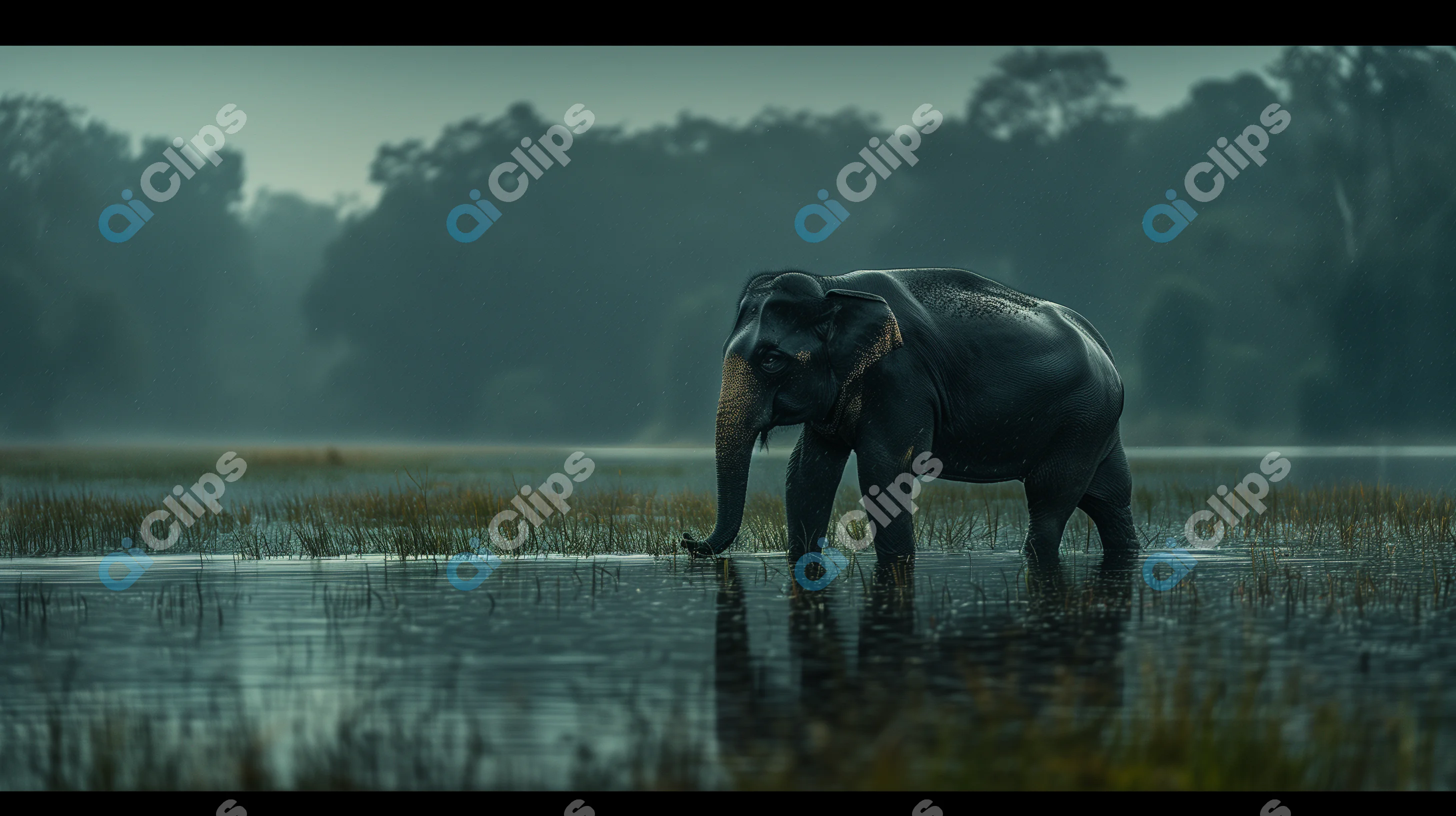Elephant in Misty Wetlands