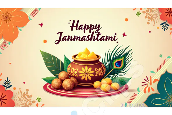 Happy Janmashtami Greeting with Pot and Peacock Feather