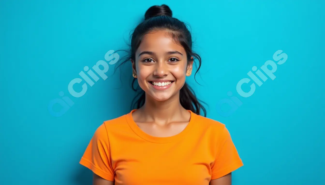 Smiling Young Girl in Bright Orange T-Shirt Against Blue Background