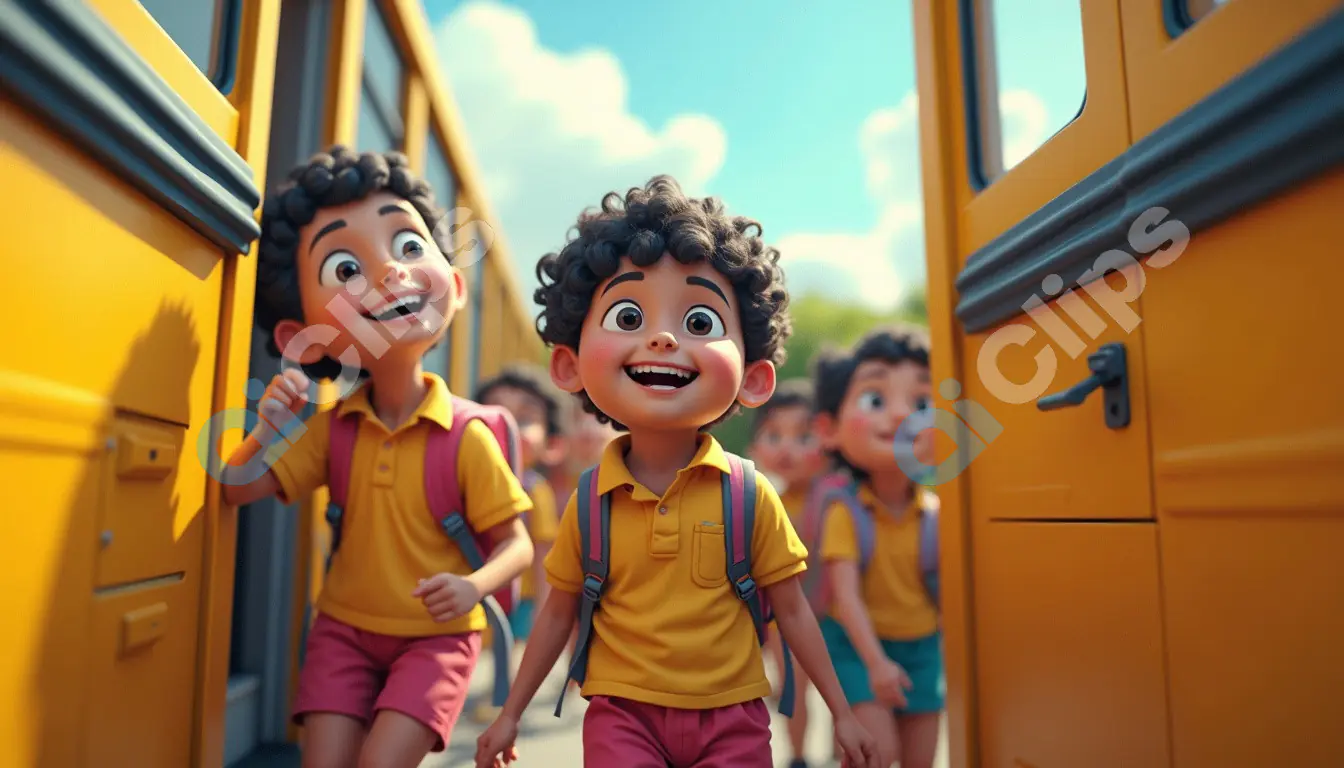 Excited School Children Boarding a Bus - Animated Scene