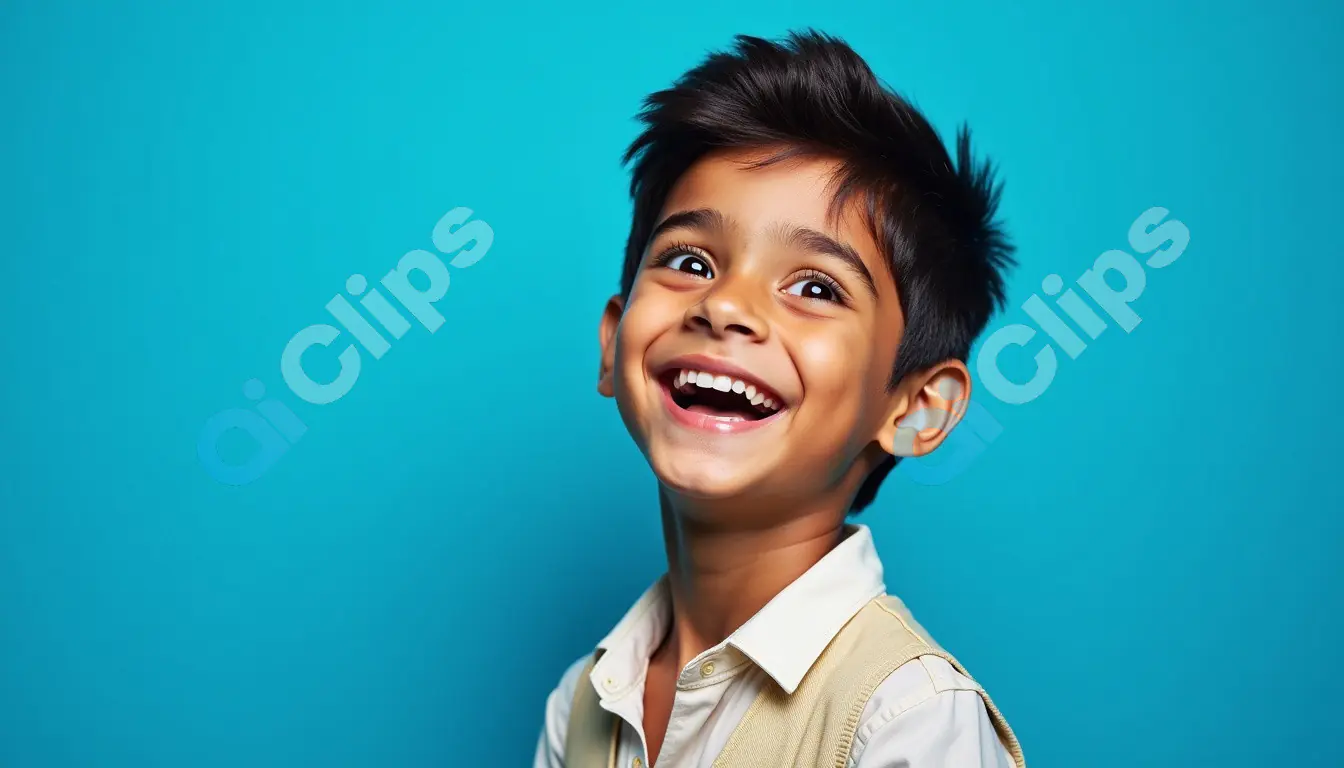 Joyful Indian Boy with a Big Smile on Turquoise Background