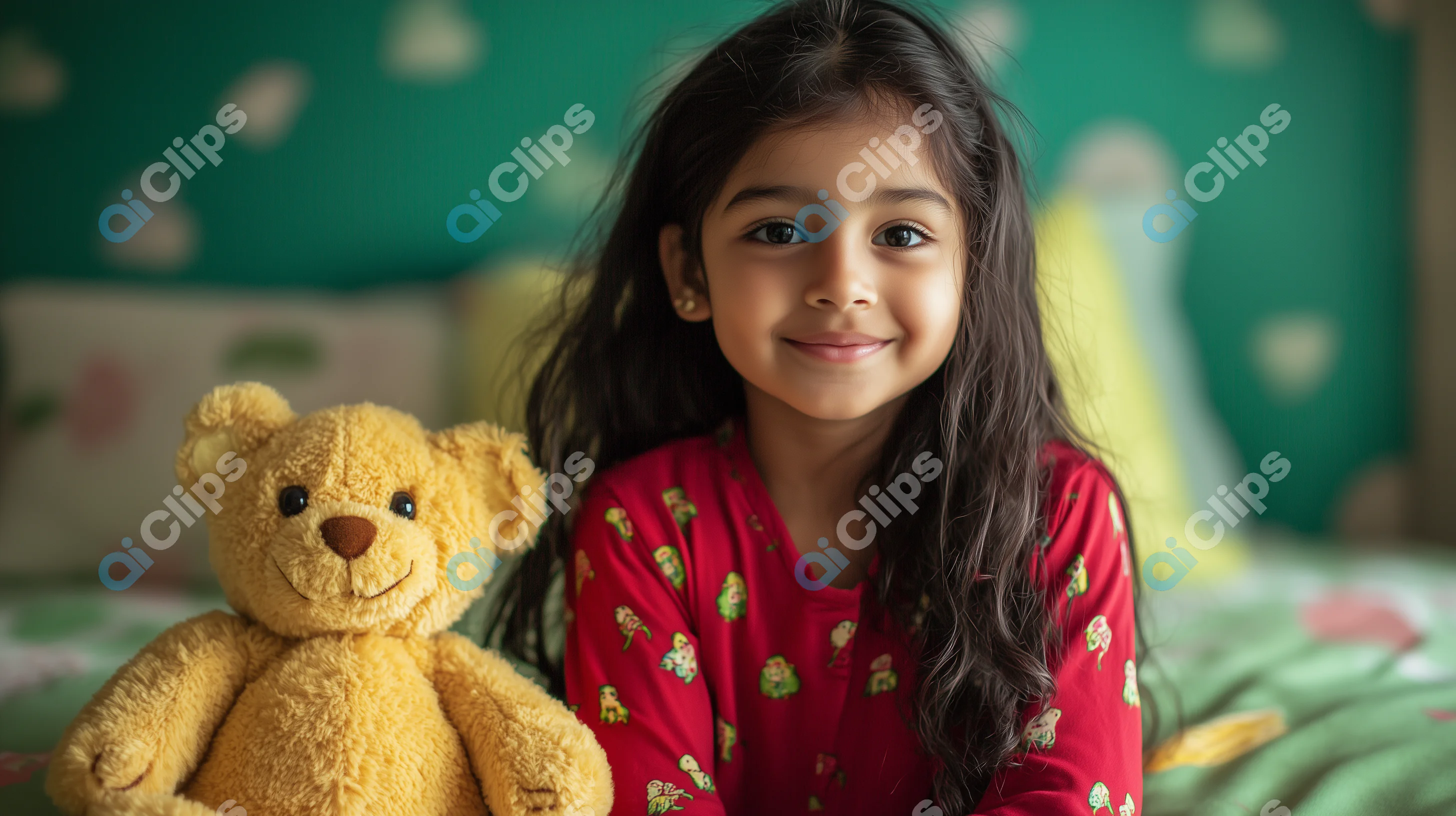 Cheerful Indian Girl with Teddy Bear in Cozy Bedroom