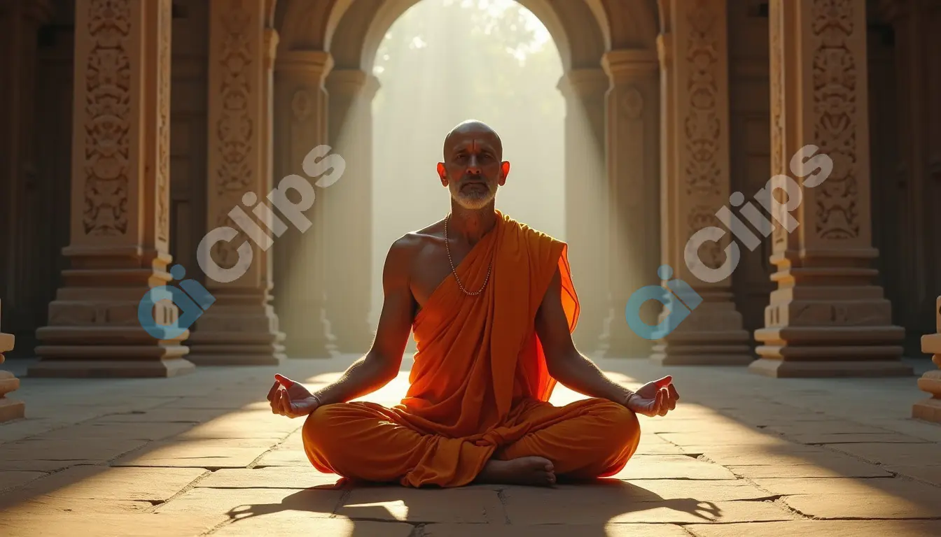 Monk Meditating in a Sunlit Ancient Temple