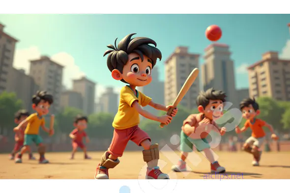 Animated Kids Playing Cricket in Urban Playground