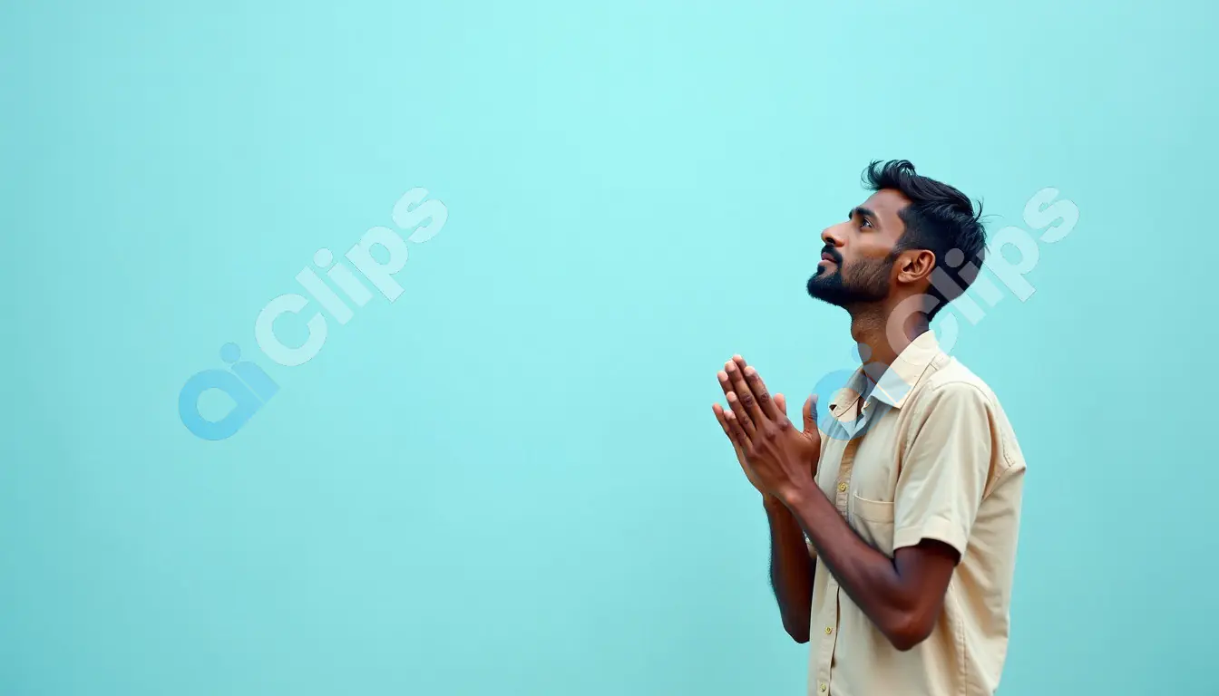 Man Praying Against Light Blue Background