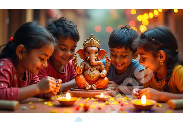 Children with Ganesha Idol Celebrating Ganesh Chaturthi with Diyas and Flowers