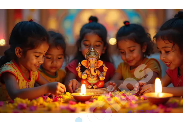Children Celebrating Ganesh Chaturthi with Ganesha Idol and Flowers