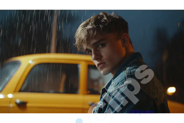 Moody Portrait of a Young Man in Denim Jacket During Rain